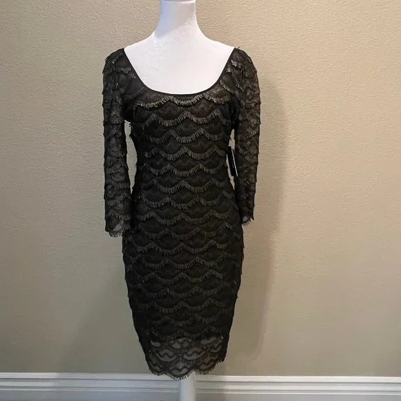 Guess | Dresses | A Brand New Guess Dress Black Gold Scallop Trim Lace  Bodycon Dress | Poshmark